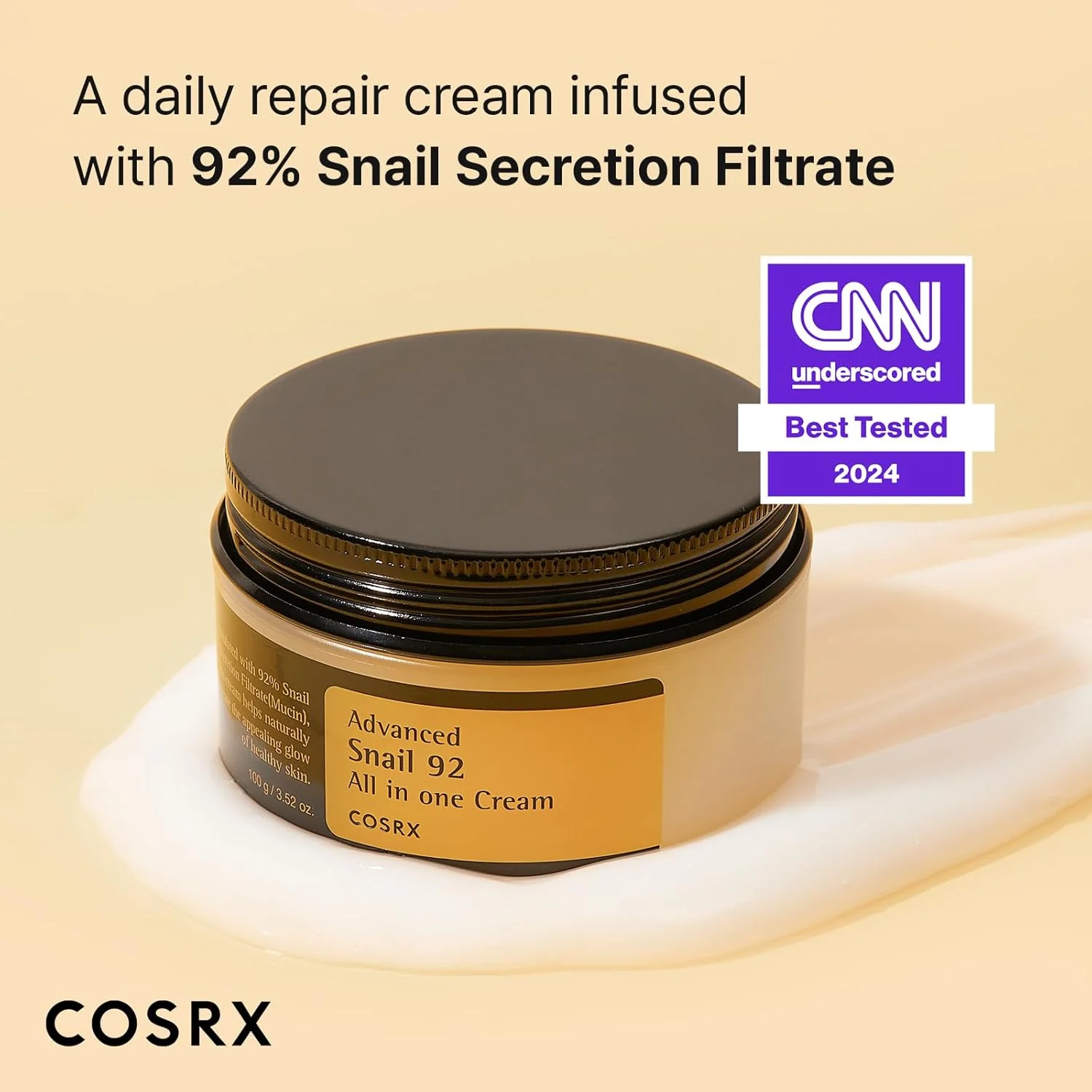 COSRX Snail Mucin 92% Repair Cream 100g, Daily Face Gel Moisturizer for Dry Skin, Acne-prone, Sensitive Skin, Not Tested on Animals, No Parabens, Korean Skincare