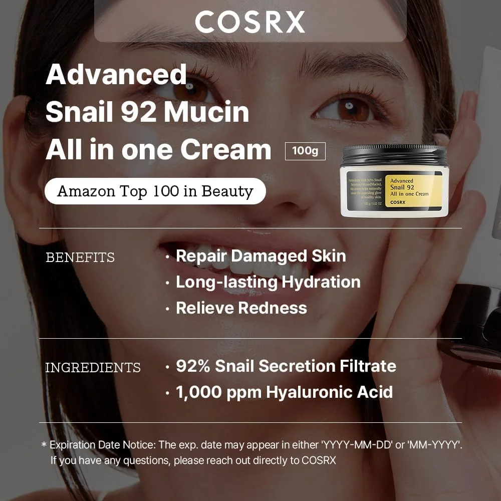 COSRX Snail Mucin 92% Repair Cream 100g, Daily Face Gel Moisturizer for Dry Skin, Acne-prone, Sensitive Skin, Not Tested on Animals, No Parabens, Korean Skincare