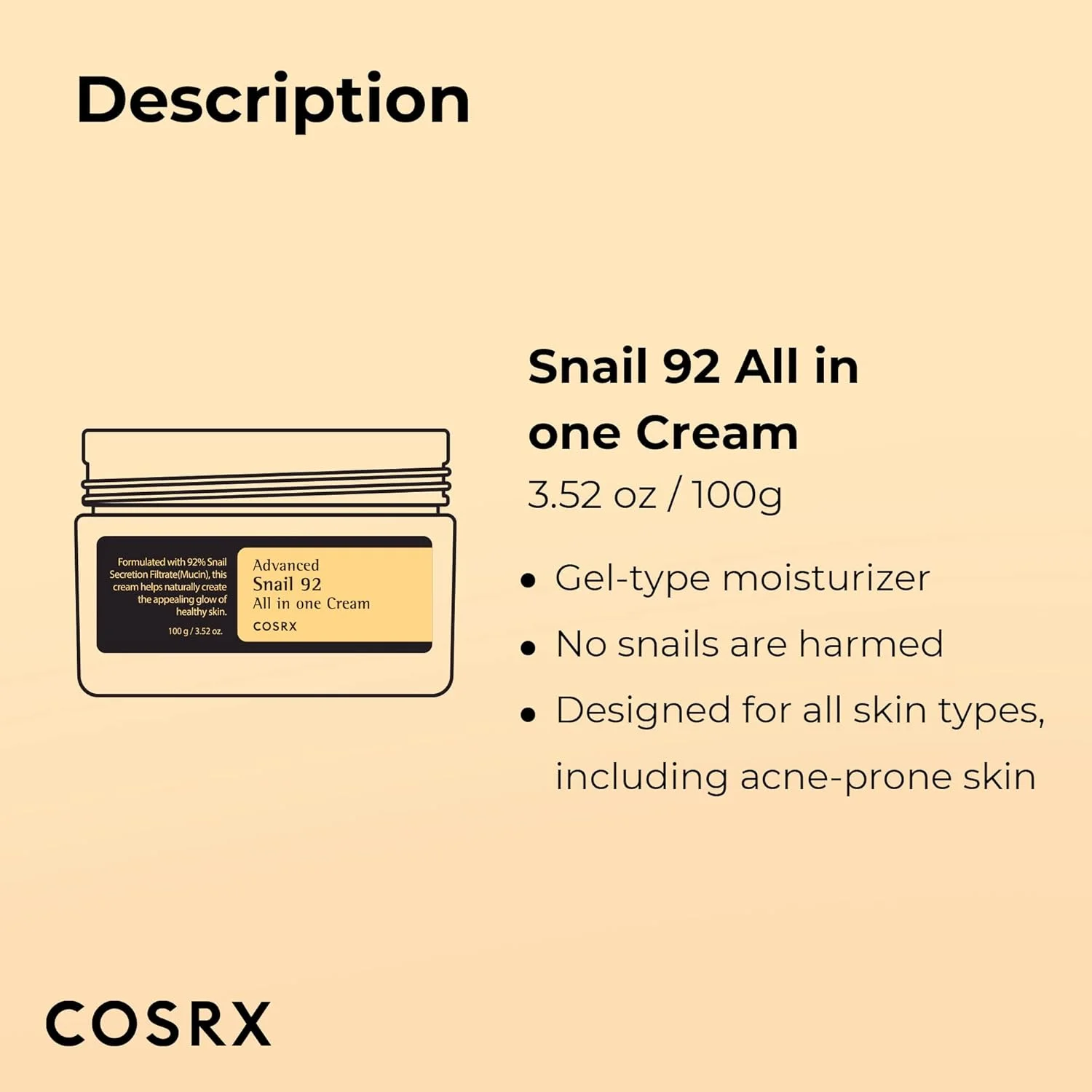 COSRX Snail Mucin 92% Repair Cream 100g, Daily Face Gel Moisturizer for Dry Skin, Acne-prone, Sensitive Skin, Not Tested on Animals, No Parabens, Korean Skincare